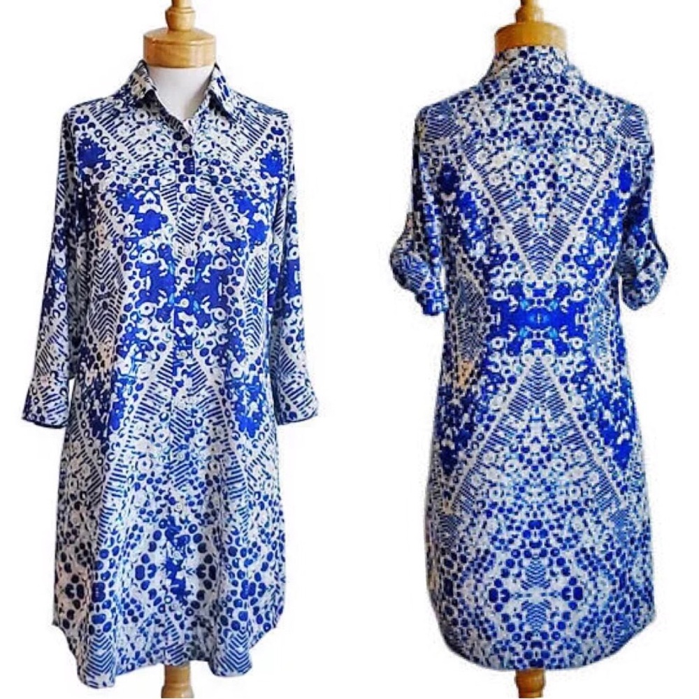 CAbi Jewel Print Nude White Button Down Long Sleeves Blue Shirt Dress size XS